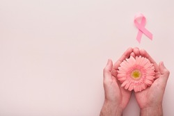 Pink Breast Cancer Awareness Ribbon. Hands holding gerbera and pink ribbon on backgrounds. Breast cancer awareness and October Pink day, world cancer day. Top view. Mock up.
