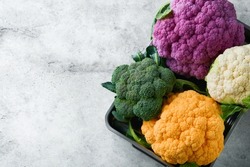 Colorfu cauliflower. Various sort of cauliflower on gray concrete background. Purple, yellow, white and green color cabbages. Broccoli and Romanesco. Agricultural harvest. Mock up. 