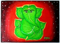 green leaf ganesha, Hindu Lord Ganesha abstract artwork painting, Ganpati background for Ganesh Chaturthi festival of India, selective focus with blur.