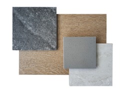 top view of interior material board contains black marble tile ,travertine bone tile ,grainy grey synthesis stone and wooden tile samples isolated on white background with clipping path.