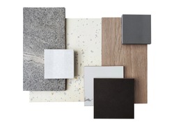 top view of interior material samples contains grey concrete tile ,black and white marble ,synthesis stone ,white terrazzo and wooden veneer isolated on white background with clipping path.