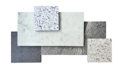 combination of interior flooring material samples contains grey granite ,grey slate ,white marble ,white and beige terrazzo samples isolated on white background with clipping path.