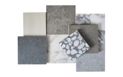 top view collection of interior tile samples containing terrazzo ,white marble ,grey emperado ,beige travertine ,grey concrete textures isolated on white background with clipping path. mood tone.  