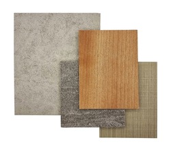 combination of interior material samples for mood and tone board consists grey concrete vinyl floor tile, oak and ash veneer, stone granite tile isolated on background with clipping path.