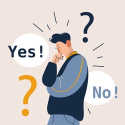 Man showing doubts. Male character can not make decision. Yes and no right and left side. Flat cartoon vector illustration in modern concept. 