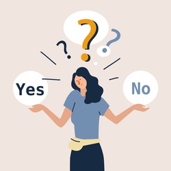 Young girl standing confusedly to choose YES or NO. Concept of choice, selection, answer, reply, accept of refuse. Flat style vector illustration cartoon character.