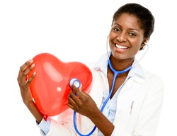 Happy African American trusted Nurse holding Red heart isolated on white background