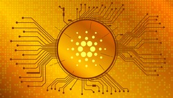 Cardano cryptocurrency token symbol, ADA coin icon in circle with pcb on gold background. Digital gold in techno style for website or banner. Vector EPS10.