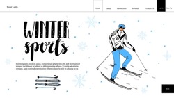 Vector flat illustration layout, landing page template, home page of sports, winter clothing and equipment store with buttons. There is lettering, buttons, downhill skiing athlete, lettering, skiing.