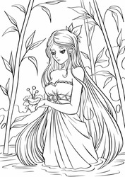 Young beautiful girl with long hair in garden. Flowers. Outline hand drawing coloring page for adult coloring book. Stock line vector illustration. Outline drawing.