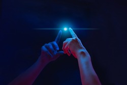 Woman hand touching a virtual screen futuristic technology digital.