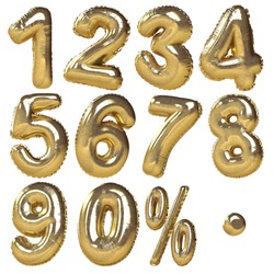 Balloons of numbers & percentage symbols presented in golden metallic style. Ideal for discount sale usage. Isolated in white background 