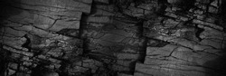 Black white grunge background. Old cracked damaged destroyed stone wall. Close-up.  Backdrop with space for design. Wide banner. Panoramic.