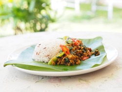 Thai Food concept Khao pad krapow rice and minced beef Thai holy basil stir-fry.