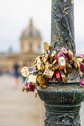 Padlock on a lamp post of the Pont des Arts in Paris