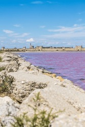 Ramparts of Aigues-Mortes in front of the pink salt marshes
