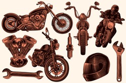Motorcycle in front, profile, motorcyclist, engine, spark plug, helmet, wrench. Design set. Hand drawn engraving. Vector vintage illustration. Isolated on light background. 8 EPS