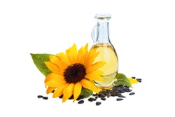 Sunflowers, sunflower oil and sunflower seeds. Isolated on white background.  