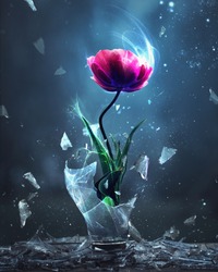 A single pink tulip is burst forth from a broken light bulb