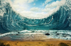 Surreal image of huge waves surrounding dry sand.