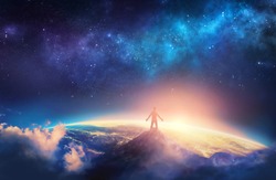A man climbs a high mountain and lifts his arms up in praise. 3D illustration. Elements provided by NASA