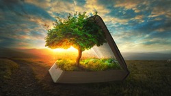 A tree and garden grow out of the pages of the Bible