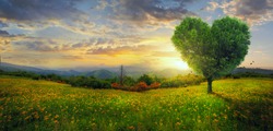 A heart shaped tree on a panoramic landscape.