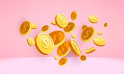 Golden coins 3d money falling into a pink piggy bank, 3d money coin isolated on pink render. US dollar coins. Bank and investment concept. Inserting a coin into a piggy bank. Pink background gradient.