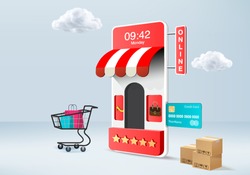 shopping online store for sale, mobile e-commerce 3d blue background, shop online on mobile app 24 hours. shopping cart, credit card. minimal store online device 3d vector rendered