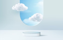 sky background vector 3d blue pastel rendering with podium and minimal cloud scene, minimal product display background 3d render sky clouds blue pastel. Stage 3d render product in sky clouds platform