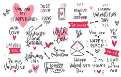 Valentines day love quotes and graphic large set with mobile phone, letters with envelope, heart with arrow vector clipart. Variety of black and pink messages for February 14 card.