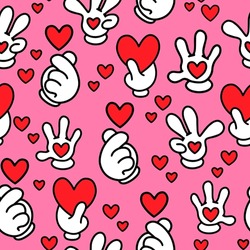Valentine's day cartoon love gestures and hearts seamless pattern in red and pink colours. Funny 30th retro style vector design to show romantic feelings and use for gift or banner decoration.