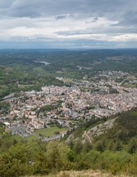 Panoramic view of the town of Lourdes, Occitanie, Hautes-Pyrénées, France, from the Pic du Jer