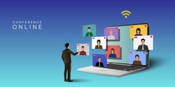 Video conference meeting online concept. Leader meeting online with employees on  computer laptop.Vector illustrate 3D.
