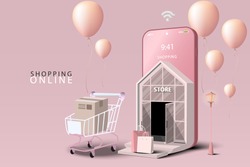 Shopping Online on Mobile Application Concept Marketing and Digital marketing. Store and shop on smartphone. Website Background Pink tone.