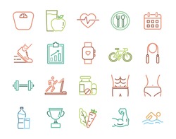 Exercise, nutrition, run and healthy program line icons set.