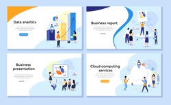 Set of web page design templates for data analysis statistics, corporate reports, business presentation and cloud computing services. Concepts vector illustration with flat cartoon characters.
