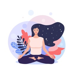 Meditation concept. Pretty yoga woman in lotus pose.  Vector illustration.
