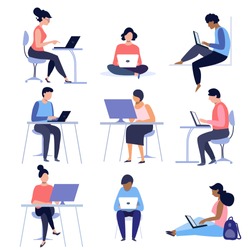 Set of people using laptops and computers. Distance working, freelance and internet entertainment concept illustration. 