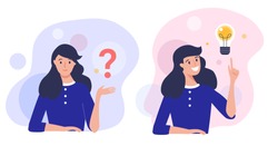Woman thinking  - trying to find a solution with question mark and happy with light bulb creative idea. Concept vector illustration.