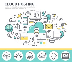 Cloud hosting technology, concept illustration, thin line flat design