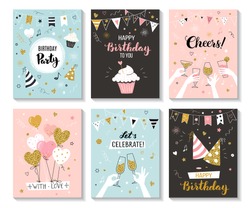 Happy birthday greeting card and party invitation templates, vector illustration, hand drawn style