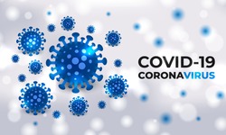 Covid-19 cells blue bacterial on a white medical vector background with typography. Coronavirus blue colored viral cells. Corona virus, covid19 realistic vector background.
