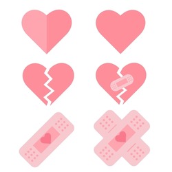 Set of pink hearts, broken heart and fixed with bandage. Valentines day, romantic or wedding concept. Vector
