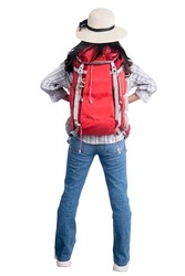 Rear view of Asian woman with hat and backpack standing isolated over white background