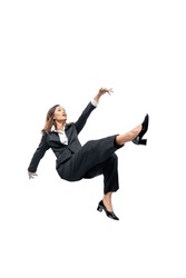 Asian businesswoman falling down isolated over white background