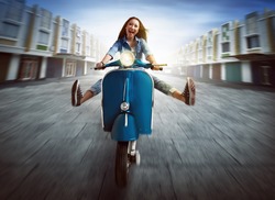 Beautiful young asian woman riding a motorcycle and lift both legs amid the city