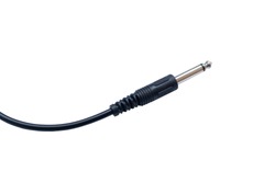 Guitar audio jack with black cable isolated on white background
