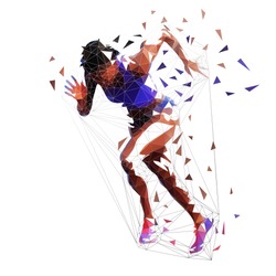 Running woman, low polygonal athlete. Isolated vector illustration, side view. Sprinting african american woman