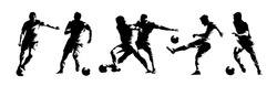 Soccer players, group of footballers. Set of isolated vector silhouettes. Ink drawing. Team sport